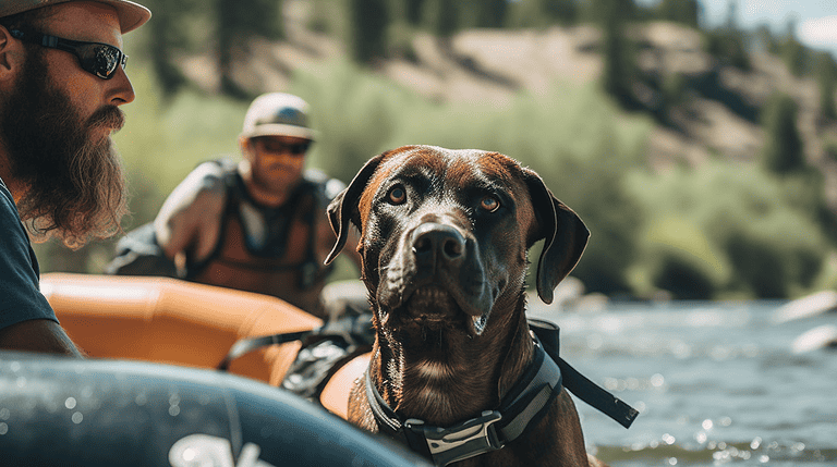 A man and a dog on a raft in the Truckee River near Tahoe City in Placer County.
