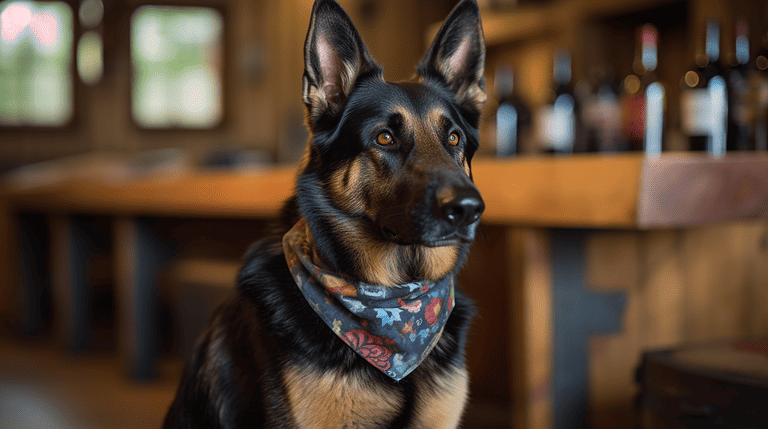 a dog wearing a bandana sitting in front of a bar.