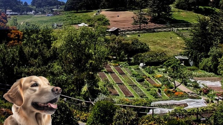 A golden retriever is standing in front of a garden at Stanford Inn with a view of the ocean.