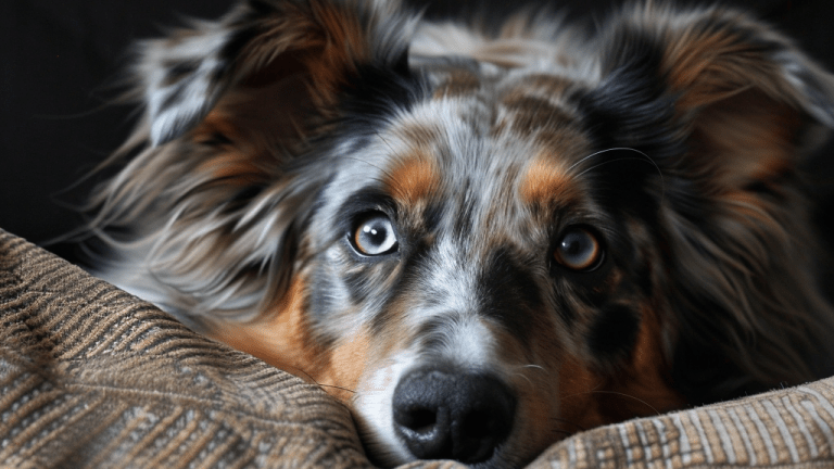 An Australian Shepherd lies with its head on a cushion decorated with paw prints. The dog has one blue eye and one brown eye, along with a coat marked in black, white, and brown. Its ears are upright, and it's staring directly at the camera.