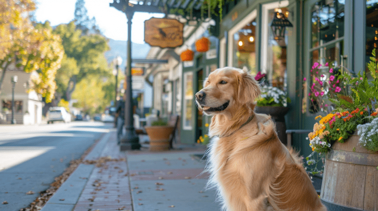 A golden retriever sits on a sidewalk flanked by trees on a quaint street in Calistoga, Napa Valley. The storefront nearby is decorated with vibrant flowers. In the background, there are small shops, hanging signs, and fall-colored leaves on the trees. It’s an ideal spot for dog lovers looking to explore with their pets.