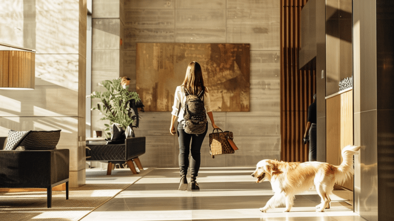 A person with a backpack and a pet carrier walks through the sunlit lobby of one of California's top five dog-friendly hotels. The modern space features floor-to-ceiling windows and stylish furniture. Nearby, a golden retriever strolls past, while another person stands next to a large plant in the background. Sunlight casts varied shadows on the floor.