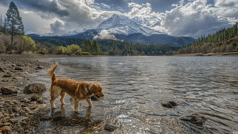 A golden retriever stands ankle-deep in Shasta Lake, amid scattered rocks. Evergreen trees frame the background, dominated by a tall, snow-capped mountain under a sky filled with clouds. The setting is calm and scenic.