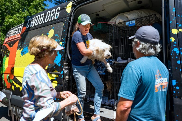 A woman lifts a small white dog from a van marked "Compassion Without Borders." Nearby, two people—one in a plaid shirt and the other in a blue staff shirt—watch. The cages inside the van and trees in the background suggest that this organization rescues dogs from Mexico.