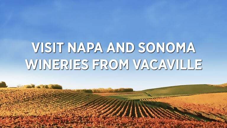 Rolling vineyards stretch into the distance, their green and reddish-brown foliage contrasting against a clear blue sky. Superimposed text on the image states, "Experience Napa and Sonoma Wineries from Vacaville".