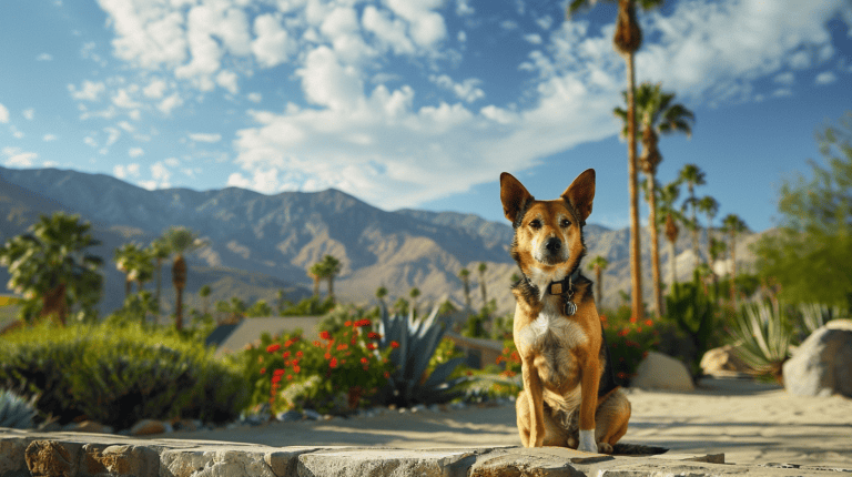 A dog perches on a stone wall amid the arid expanse of Palm Springs, with tall palm trees standing against a backdrop of rugged mountains. The partly cloudy sky allows beams of bright sunlight to illuminate the landscape around them.