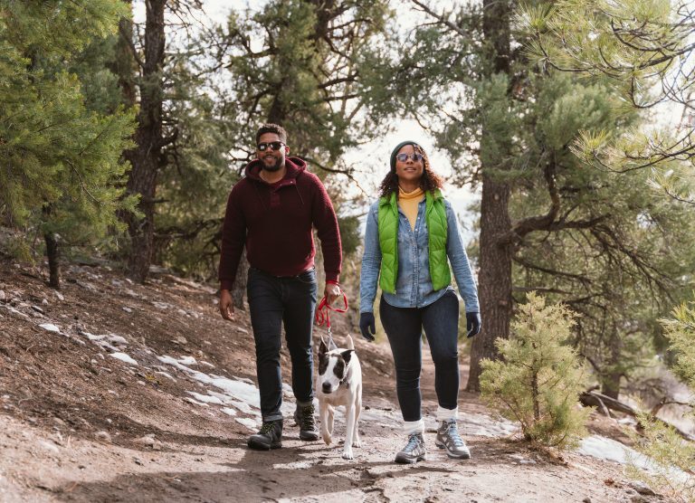 A man and woman in hiking gear and sunglasses walk their dog along a forest trail near Big Bear Lake. Tall pines line the path, and lingering patches of snow cover the ground. The well-marked trail allows dogs on leash, offering space to explore wooded scenery just outside the town’s center.
