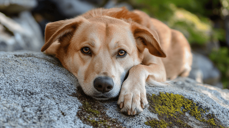 A light brown dog with white markings stretches out on a broad, moss-covered rock in Mariposa County. The dog rests its head and one front paw on the stone, gazing straight into the camera lens. Green moss patches cover sections of the rock's rough surface.